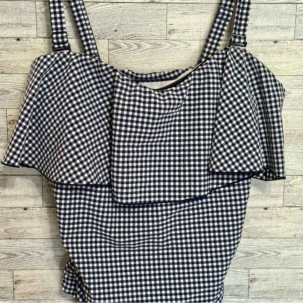 Kona‎ Sol Ruffle Seersucker Swimsuit Woman Plus 20W Removable Strap Blue Gingham